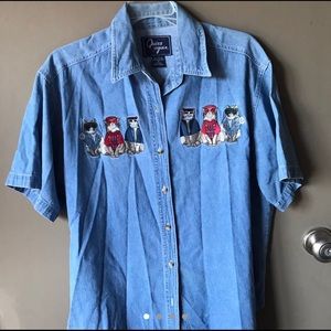 Vintage 90s cool cat denim button up